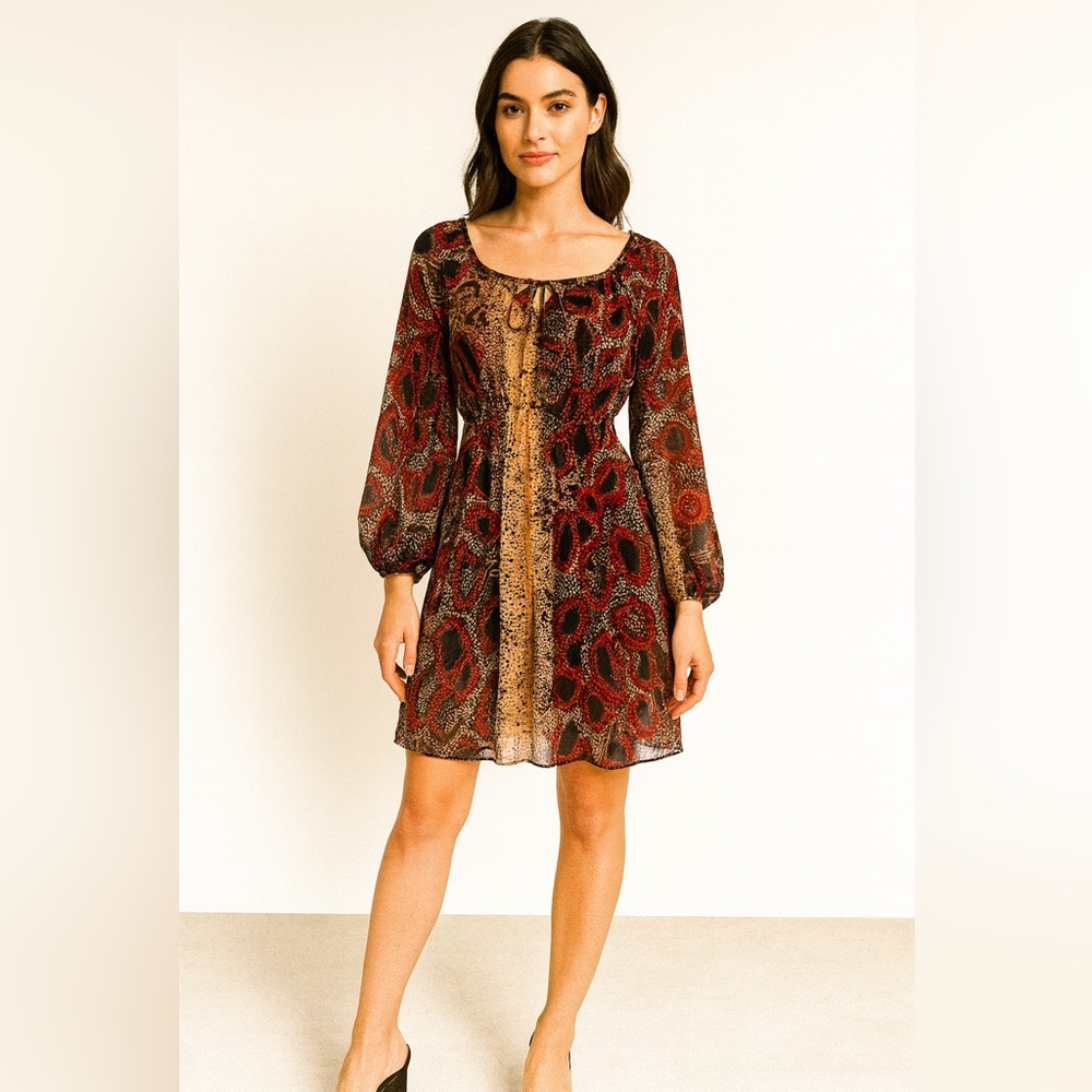 382 Earth Tone Abstract Print Long Sleeve Mini Dress with adjustable waist